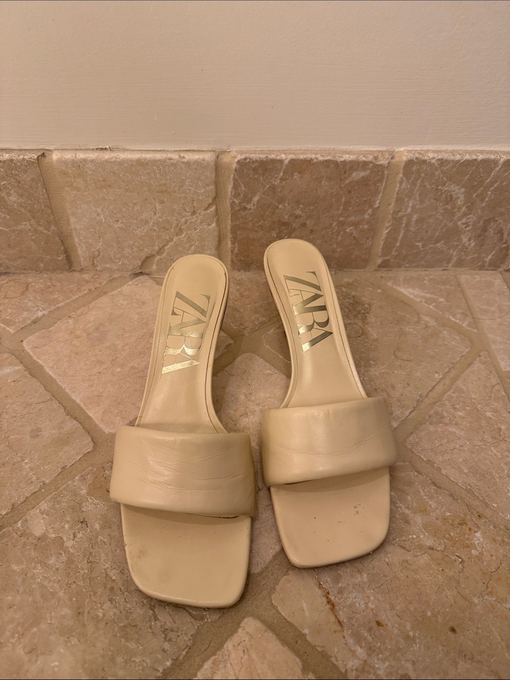 ZARA Cream Padded Strap Slide Mules with Square Toe